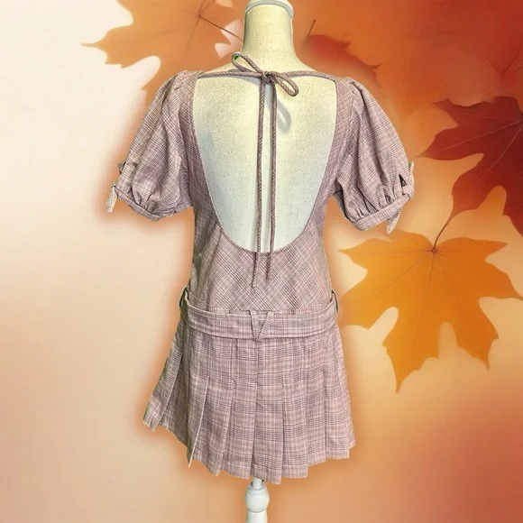 sevi plaid mini dress NEW FREE PEOPLE PINK SEVI PLAID PLEATED DROP WAIST BELTED MINI DRESS SZ S